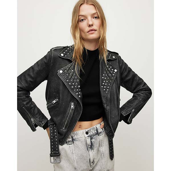 Allsaints Australia Womens Balfern Leather Studded Biker Jacket Black AU03-140